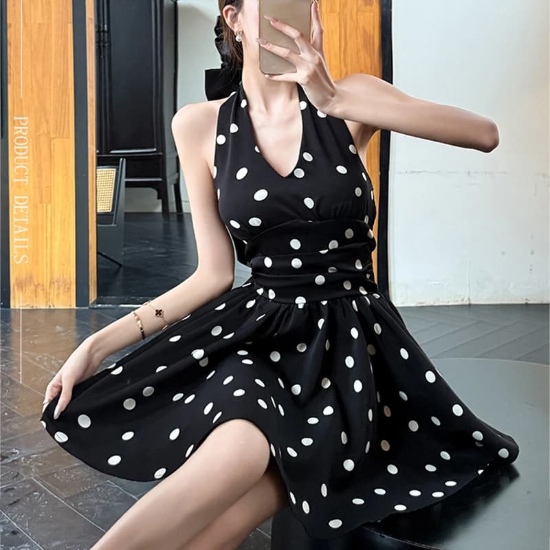Abito coreano a pois con scollo all'americana da donna, sexy, senza schienale, a vita aderente, dolce, con fiocco e lacci, plissettato, mini abito da festa per donna