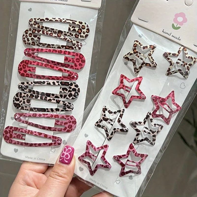 8pcs Y2K Sweet & Cute Hair Clip Set - Leopard Print, Geometric Stars & Water Drop Shapes for Women and s