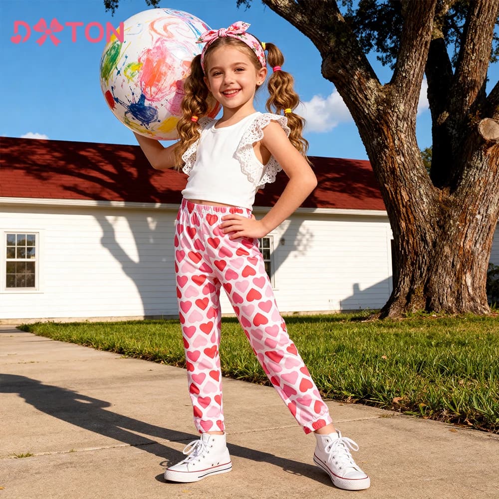 DXTON Pantaloni lunghi per bambini Primavera Estate Pantaloni da ragazza per tutti i giorni Abbigliamento con stampa a cuore Moda casual per bambini Leggings 3-12 anni