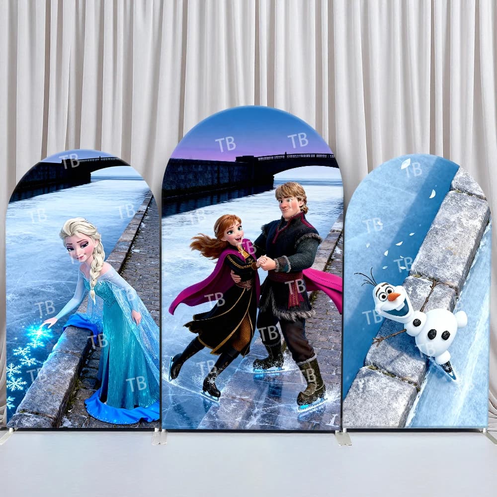 Copertura per Arco Fotografico Disney Frozen con Elsa, Anna, Kristoff, Olaf e Scena di Pattinaggio sul Ghiaccio per Feste di Compleanno e Baby Shower