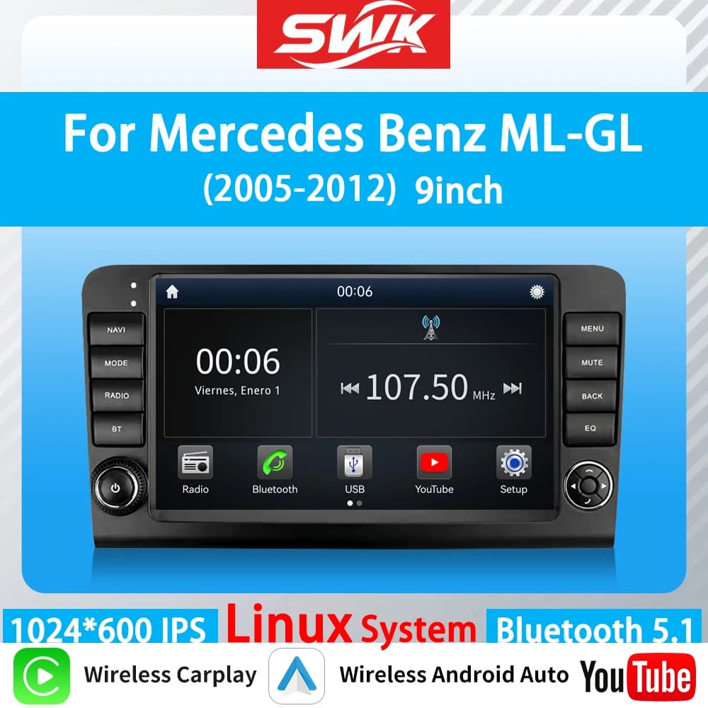 Linux 9 inch Wireless CarPlay Auto FM DSP Bluetooth Multimedia Reader for Mercedes Benz ML GL CLASSE W164 X164 ML350