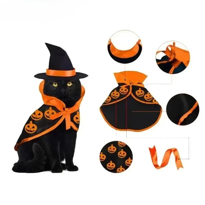 Costume per animali domestici di Halloween per gatti, morbido e traspirante, carino, vestiti per animali domestici, a forma di mantello, modello di zucca, imbracatura, costume, strumento cosplay per cani e gatti