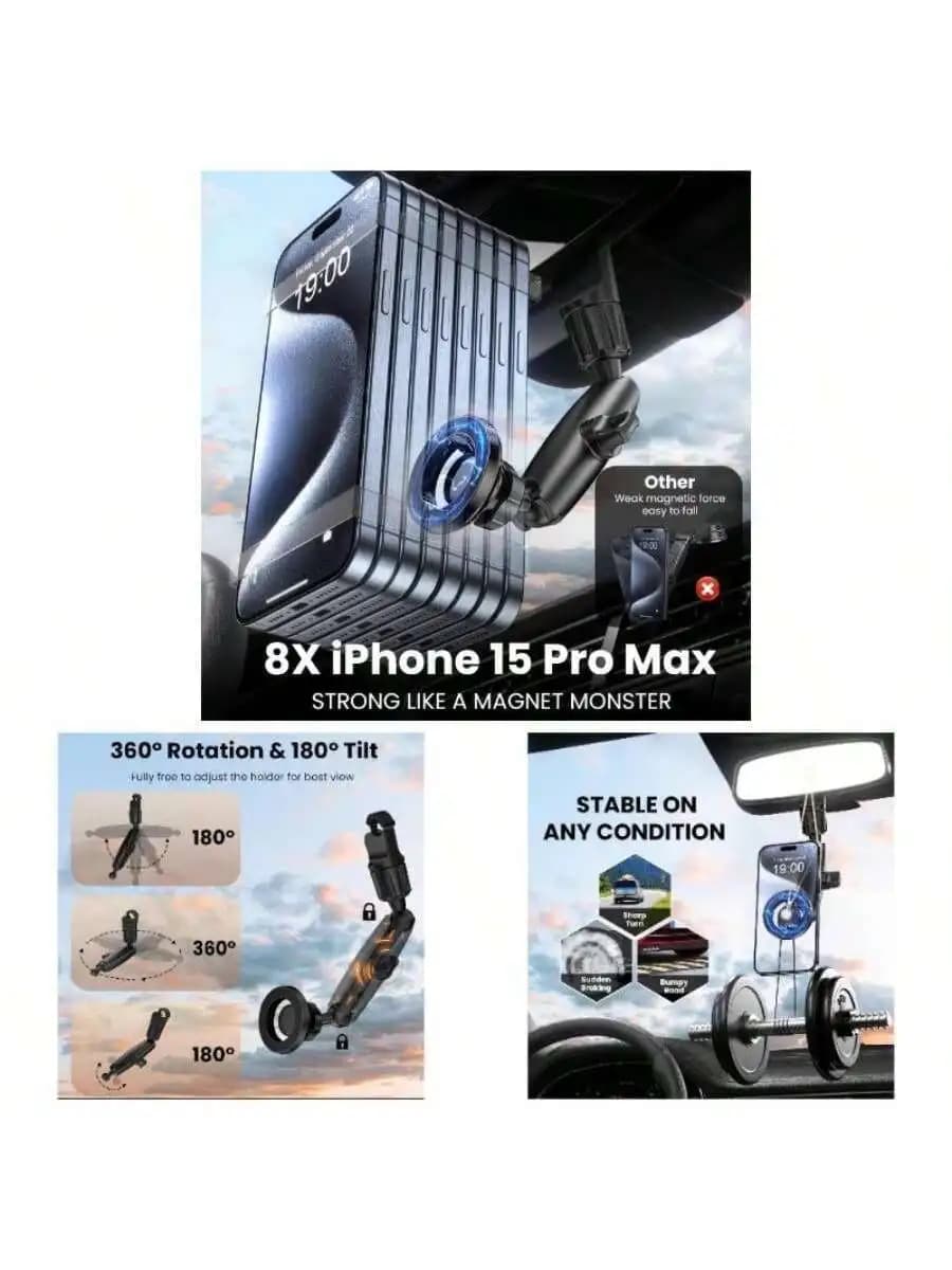 Supporto per Telefono da Auto per Specchietto Retrovisore 360° ° Rotazione 180° ° Supporto Magnetico Inclinabile e Robusto per iPhone e Android