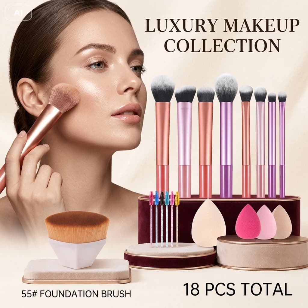 18 Piece Classic Full Makeup Brush Set with Angled and Teardrop Blenders, 1 Powder Puff - Professional Application Tools, Nylon