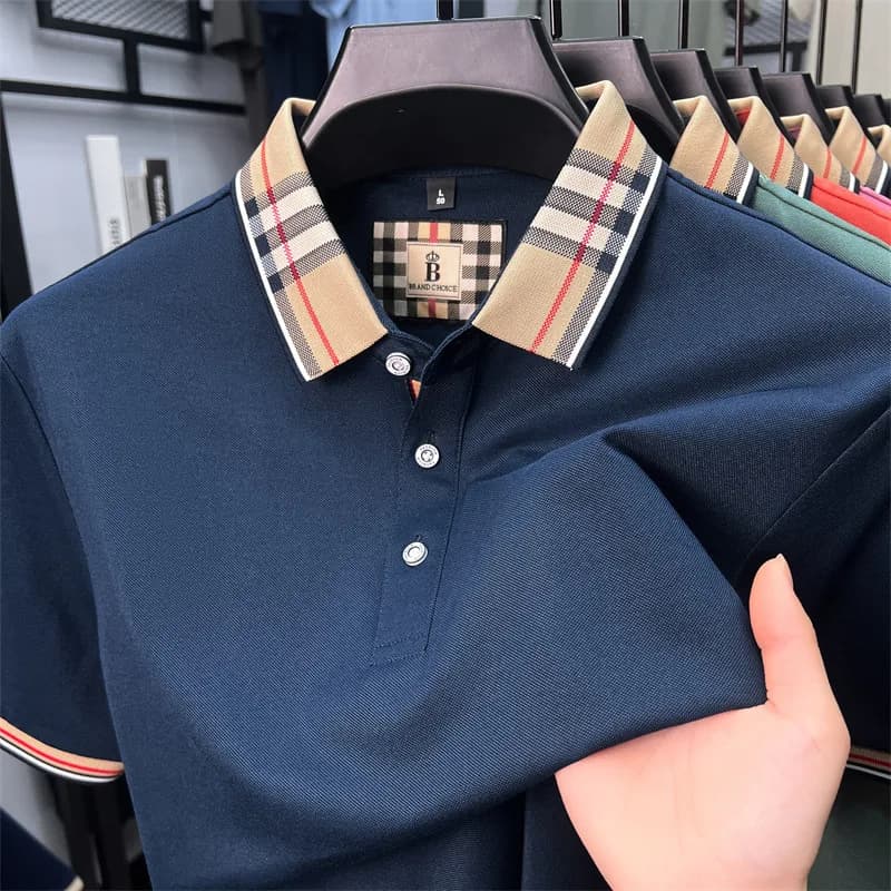 Polo da uomo a maniche corte traspirante in cotone setoso di fascia alta, maglietta da golf casual di marca di design con risvolto scozzese di nuova tendenza estiva da uomo