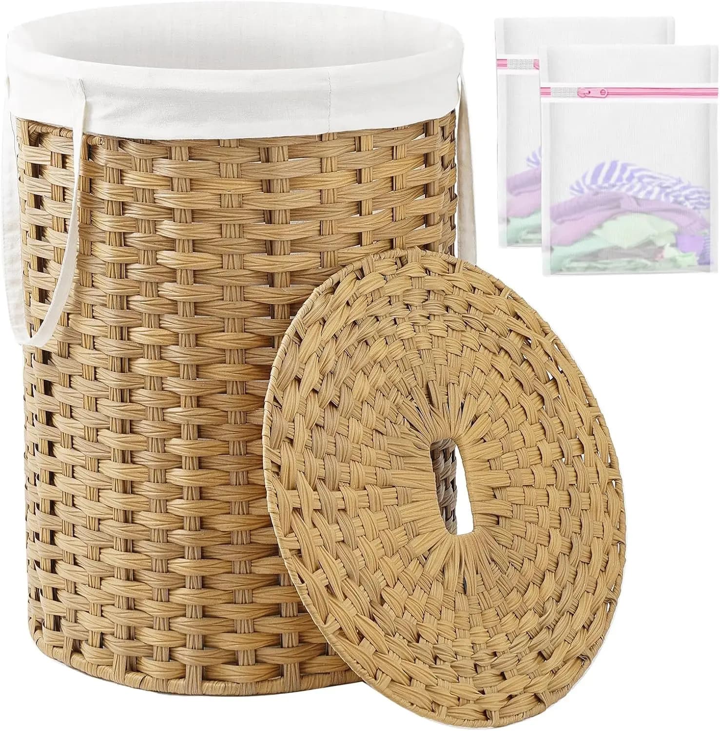 Round Rattan Laundry Hamper with Lid, Handles, and Removable Bags - 110L Capacity for Bathroom or Living Room
