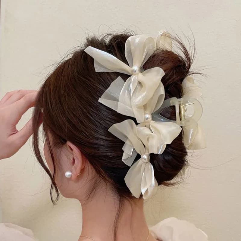 Mesh Gauze Bow Hair Claws Sweet Girl Pearl Bowknot Shark Clips Back of Head Clips Fashion Hair Accessories