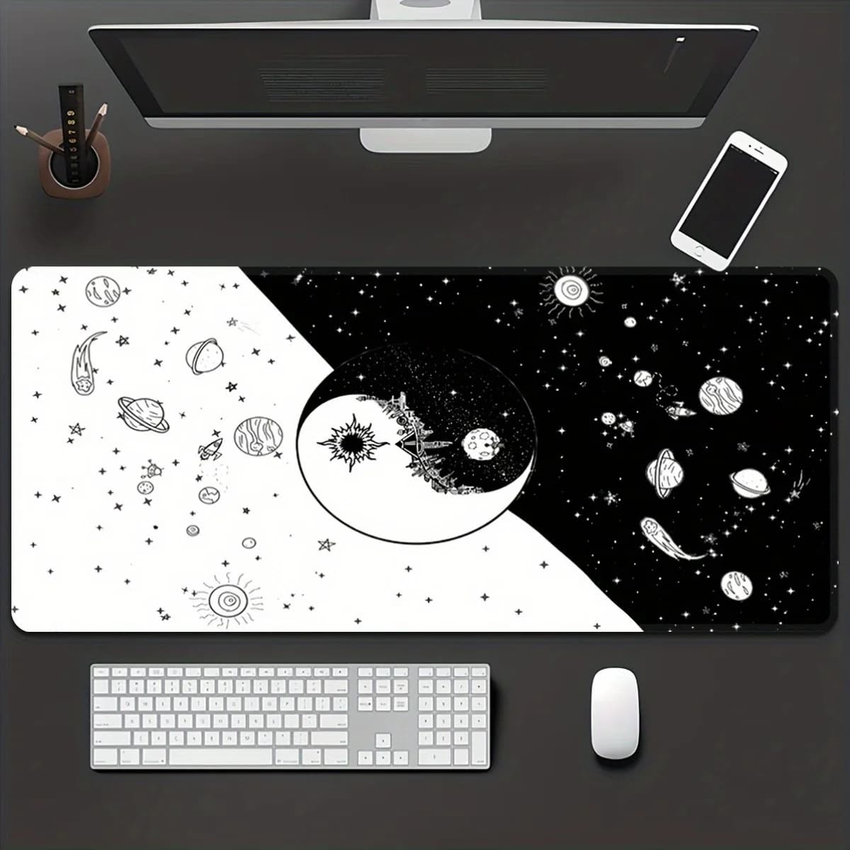 Tappetino per mouse da gioco esteso Yin Yang Galaxy Space, tappetino antiscivolo con bordi cuciti in gomma