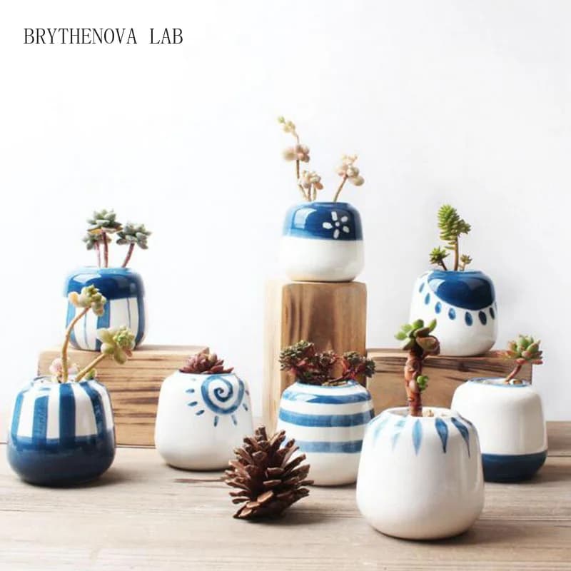 Pure Handmade Crafts Blue Thumb Flowerpot Succulent Plant Pot Style Japanese Vase Planter for Office Home Garden Balcony Decor