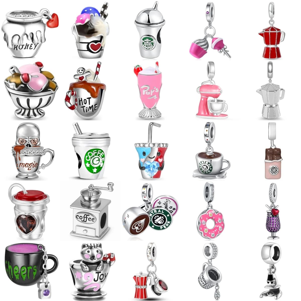 S925 Silver Coffee Dessert Baking Charms Honey Pot Ice Cream Donut Mixer Coffee Machine Women Food Lover DIY Jewelry Gift