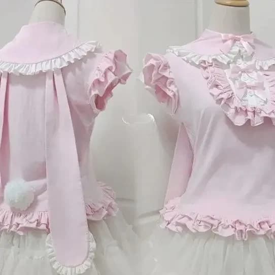 Harajuku Sweet Bow Lolita T Shirt Ragazze gotiche Cute Bunny Ear Lace Ruffles Manica corta Tee Y2k Estetica Donna Kawaii Crop Top
