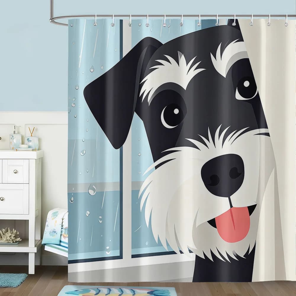 Simpatica tenda da doccia con cane dei cartoni animati, divertente stampa con il viso di un Schnauzer, cucciolo in bianco e nero, sfondo blu con finestra, decorazione per il bagno dei bambini