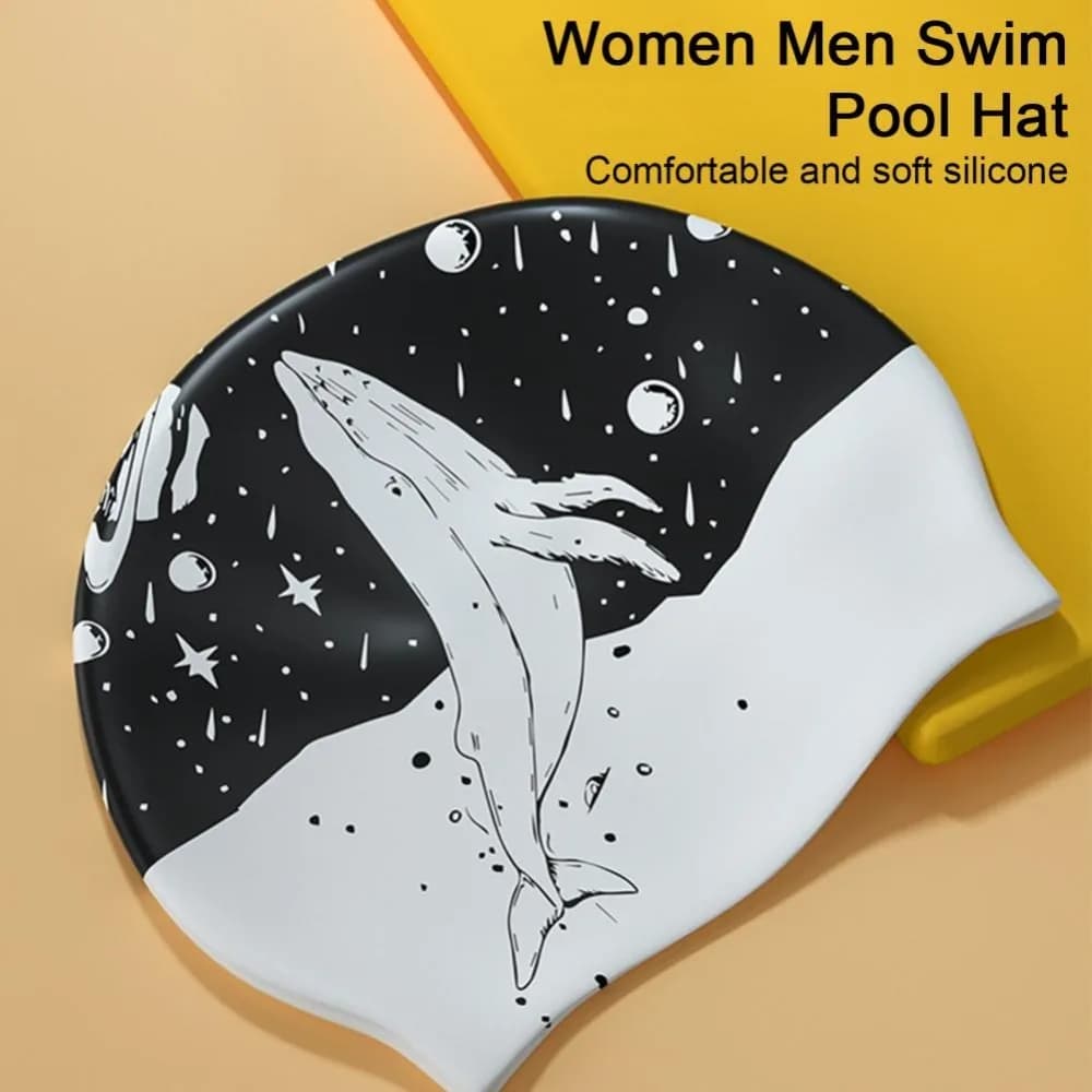 Adult Double-sided Print Swimming Hat Waterproof Black Printed Swim Cap Silicone Swim Pool Hat for Swimming