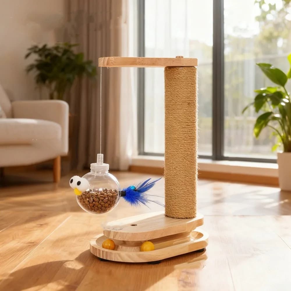 Tiragraffi per Gatti Resistente all'Usura con Piattaforma Rotante, Supporto Verticale, Tavola da Graffiatura, Puzzle con Pallina e Albero per Gatti