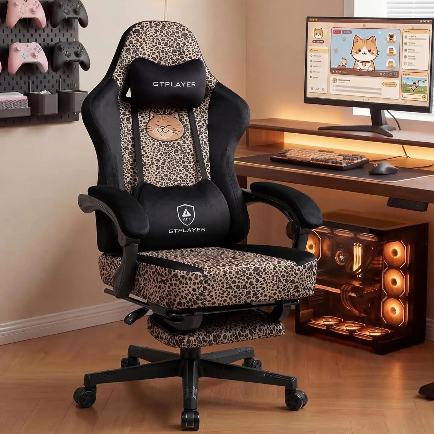 Cute Leopard Print Gaming Chair with Footrest, Ergonomic Office Chair for Women, Soft Velvet Fabric, Reclining & Comfortable