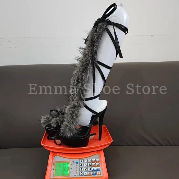 Fashionable Women's Grey Fur Decorative Boots Summer Boots with High Heel and Plateau Dance Shoes with Thick Bottom Party Sandals with Spikes
