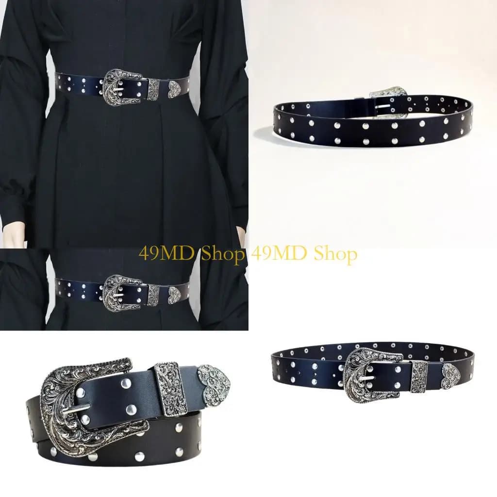 49MD Waist Chain Punk Studded Chain for Cowboy Waist Belt Heart Carving Buckle