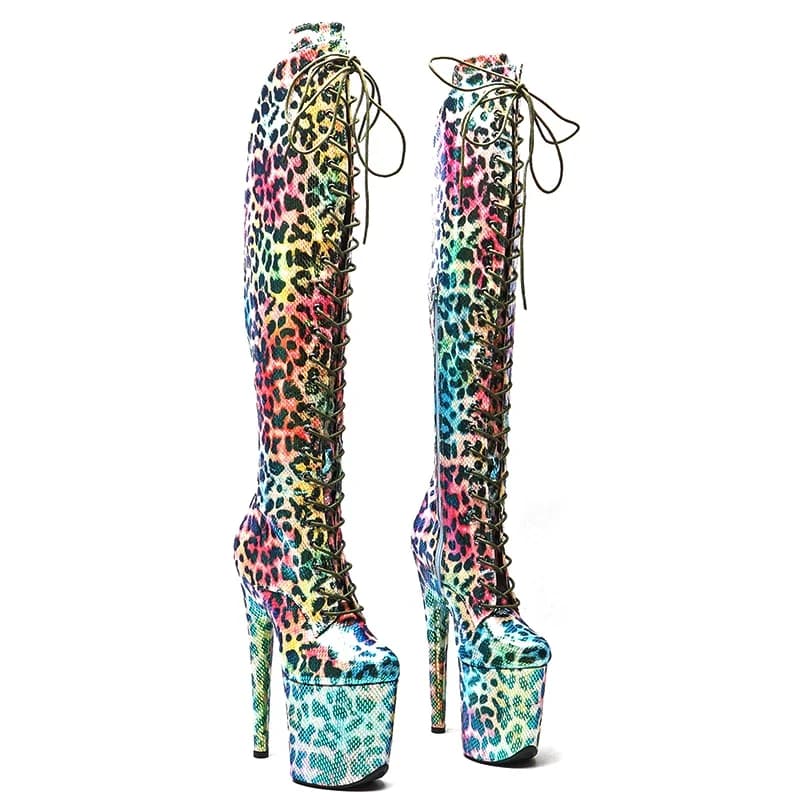 Leecabe 20CM/8Inch Shinny Leopard colorful Women's Platform party stripper heel High Heels Pole Dancing boot