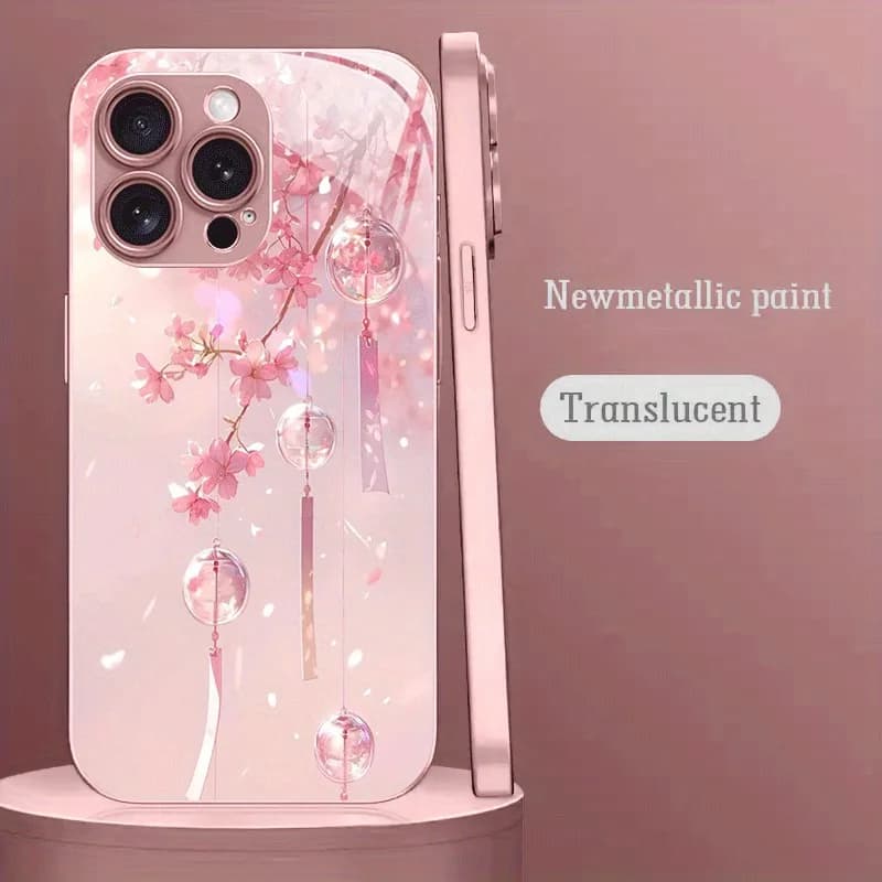 Pink Cherry Blossom Wind Chime Metallic Paint Glass Hard Phone Case For iPhone 11 12 13 14 15 16 17 Pro Max Plus 16E 17Air Cover