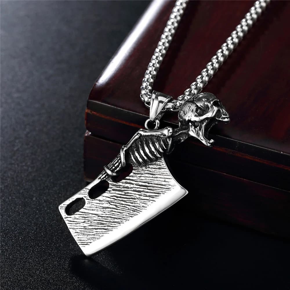 Coltello da cucina gotico collana con ciondolo teschio da uomo Punk Hip Hop in acciaio inossidabile Biker Skull ciondolo catena gioielli di moda regalo