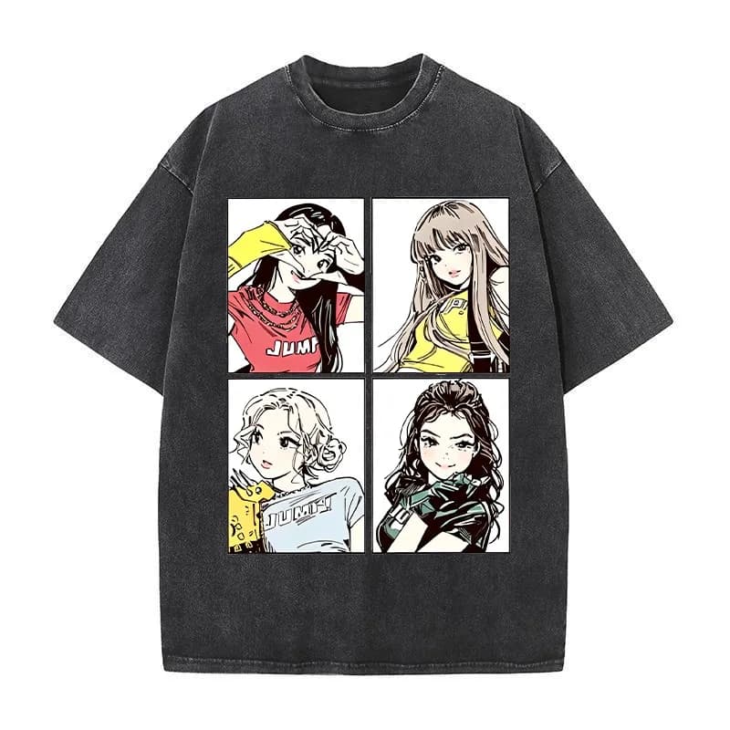 BlackPink Retro Fashion Tees for Men Women Kpop BP Cartoon Printed Korean-style T-shirts Female Summer Short-sleeved T-shirt