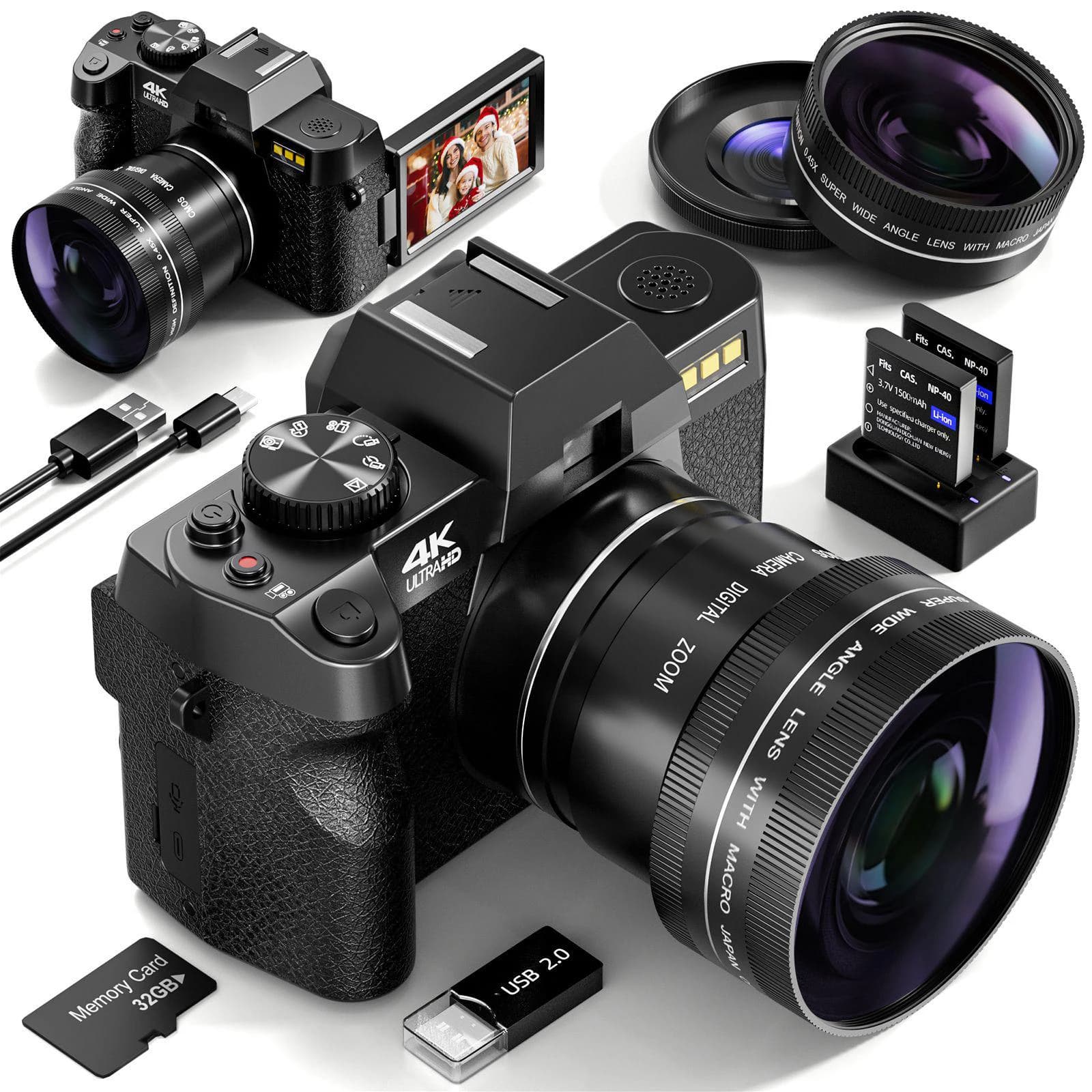 Fotocamere digitali NBD da 48 MP per fotografia con controllo WiFi e app, fotocamera Vlogging con messa a fuoco automatica 4K, anti-vibrazione, doppie batterie