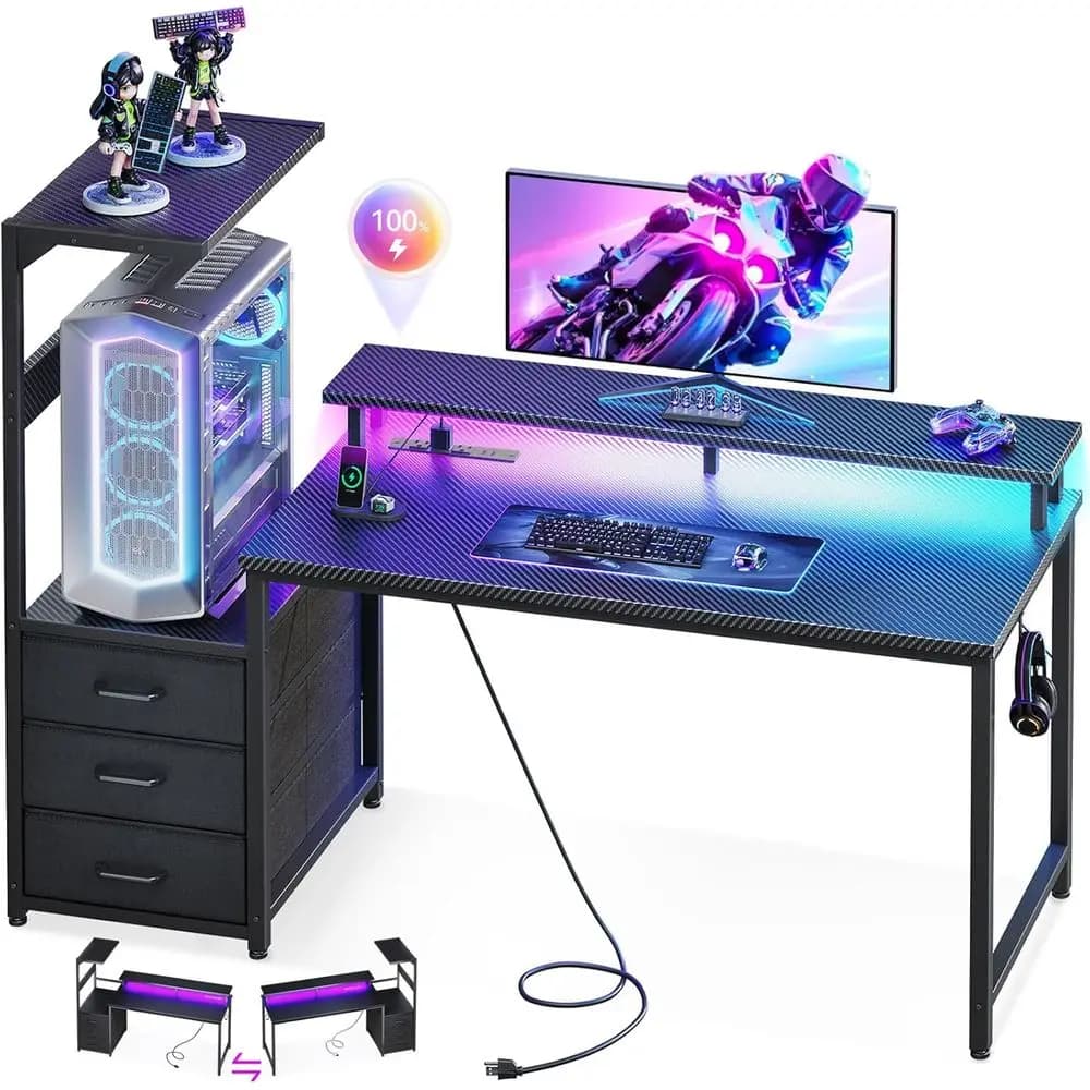 52-inch Gaming Desk with USB Doors and LED Light - Reversible Computer Desk with 3 Fabric shelves, Monitor Support and USB-C Port