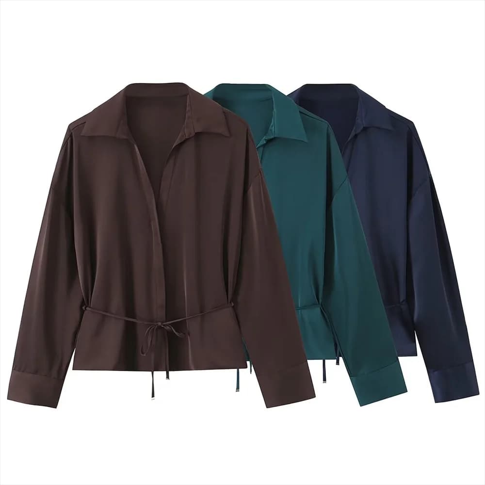 Nuova Camicia da Donna 2026 alla Moda, Versatile, Stile Casual, Maniche Lunghe, Colletto Rovesciato, in Raso con Cintura Sottile