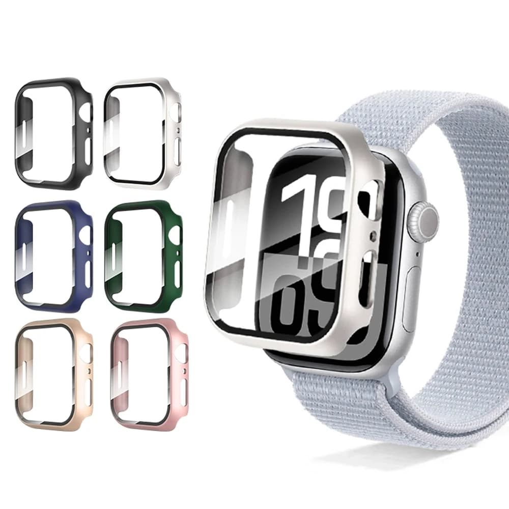 Pellicola Protettiva per Apple Watch 46mm 42mm 45mm 44mm 10 9 8 7 6 5 SE, Vetro Temperato e Cover Protettiva in PC per 41 40 38 mm
