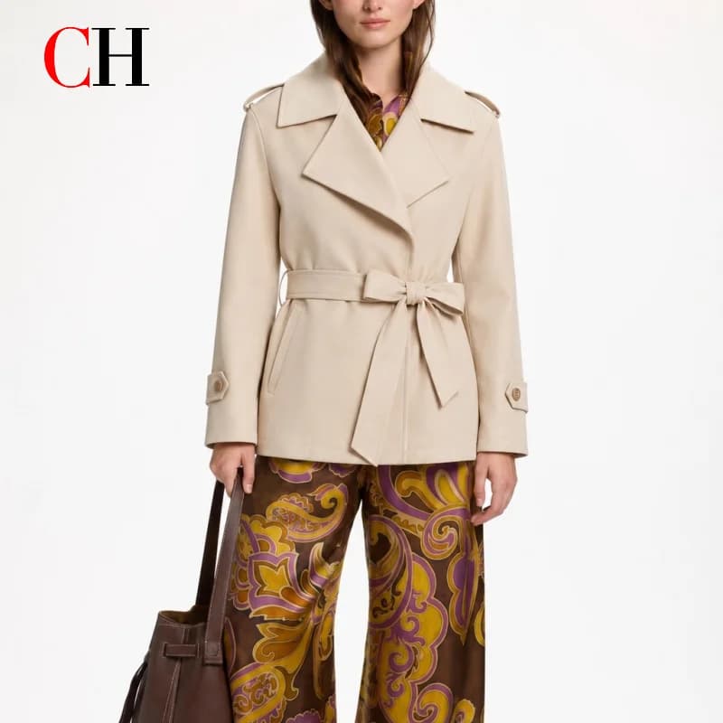 CH Women Slim Structured Short Trench Outerwear Wide Peak Collar Self Fabric Tie Belt Business Office Date Night Layer Jacket