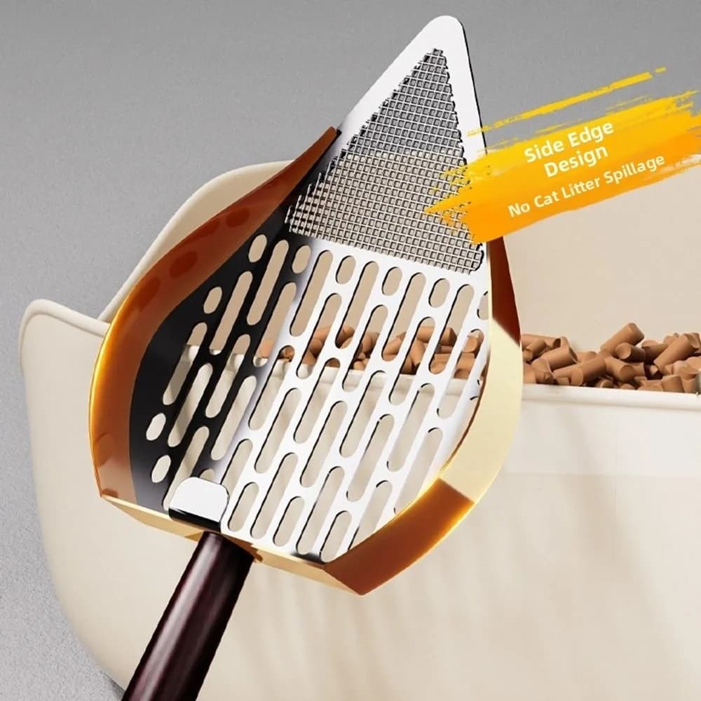 Stainless Steel Cat Litter Scoop Wood Handle Non-Stick Pet Waste Shovel Easy To Clean Comfortable Grip Kitten Poop Scooper