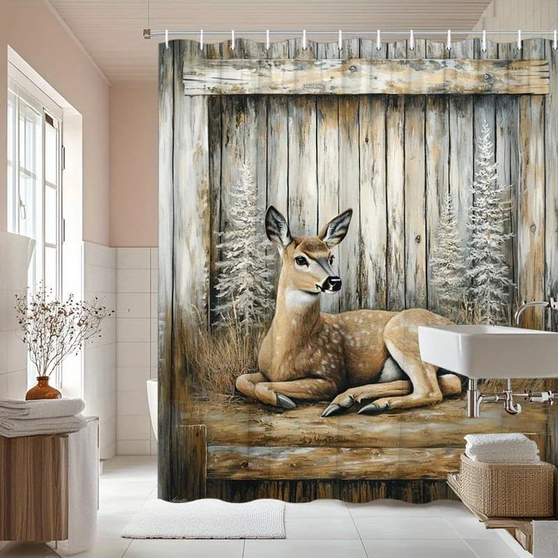 Tenda da doccia con cervo - Pini coperti di neve, atmosfera naturale serena, 70,8x70,8 pollici, 12 ganci, poliestere, lavabile in lavatrice