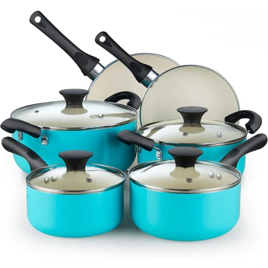Set of 10 Piece Ceramic Adhesive Pots Pots Dutch Baking Pots and Covers Turquoise