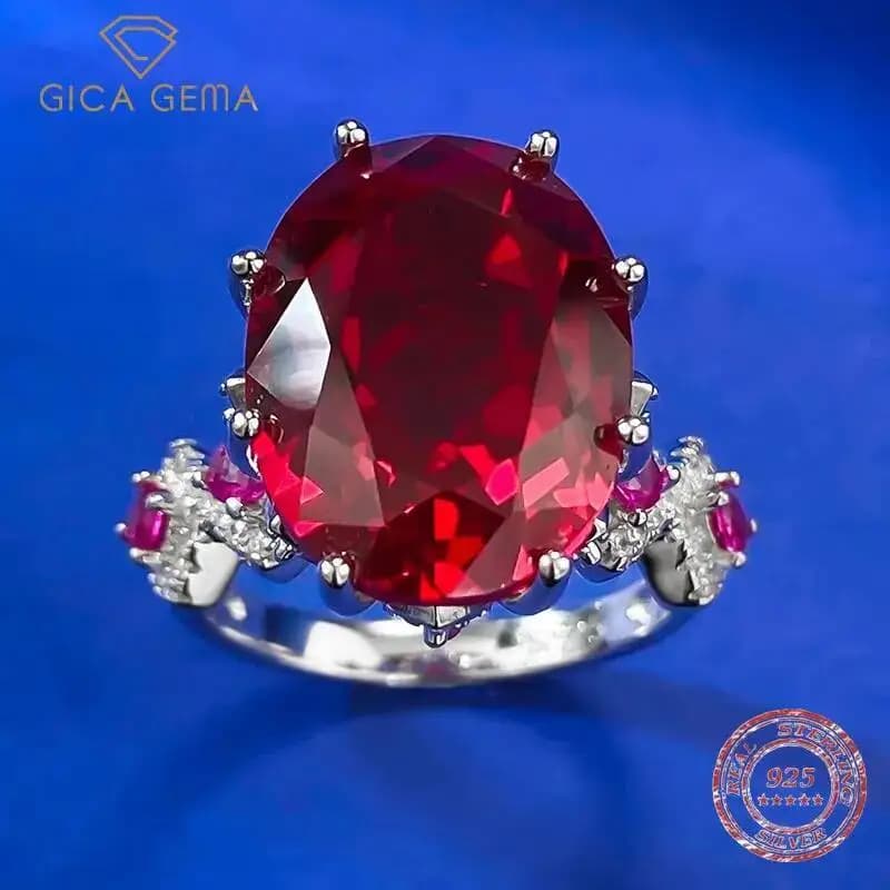 Gica Gema stile vintage 12 * 16mm ovale creato anello da cocktail rosso sangue di piccione anelli da sposa in argento sterling 925 per le donne