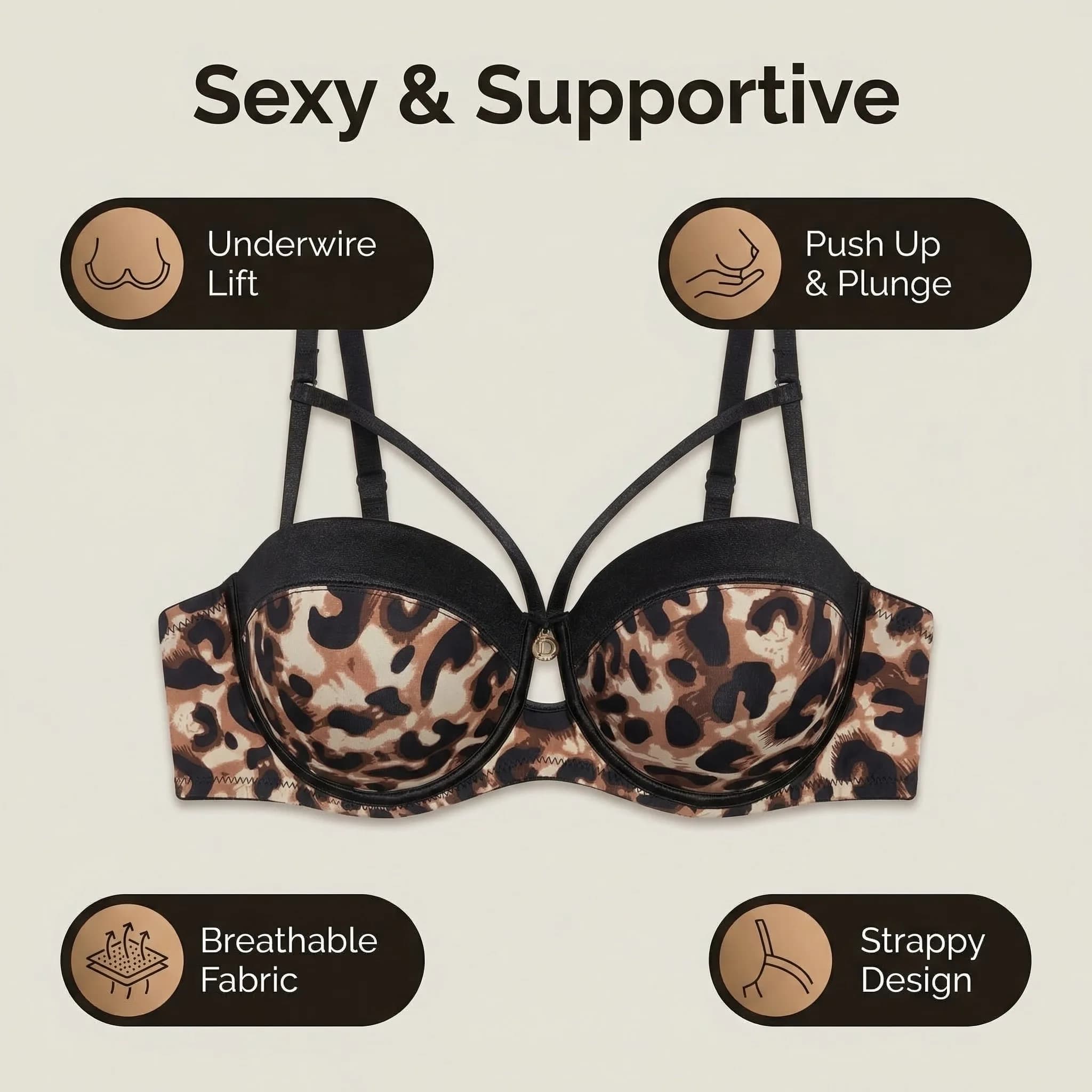 YF8164C Intimo sexy da donna con stampa leopardata, reggiseno push-up con ferretto, comodo e traspirante, coppa C