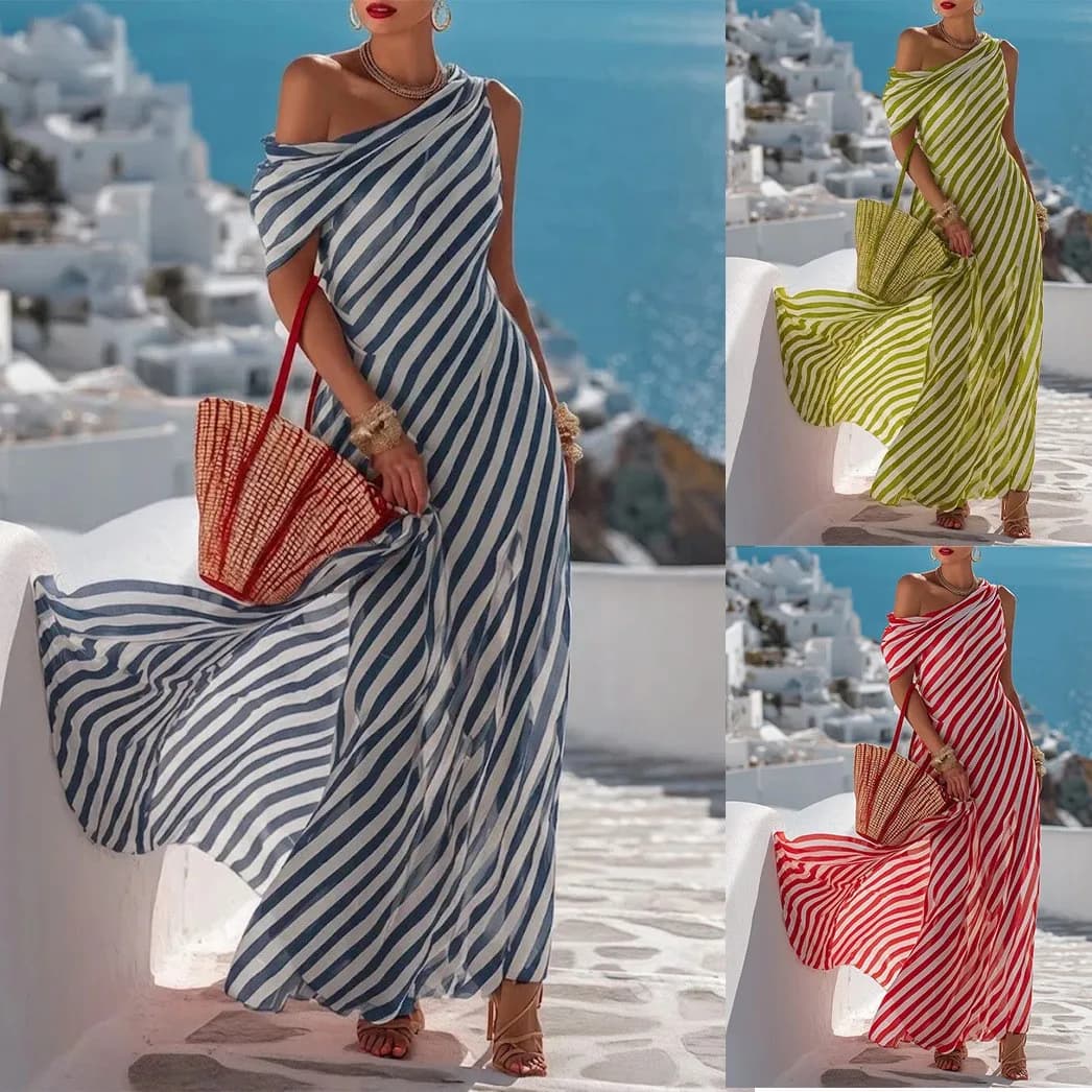 Abito Estivo da Donna, Vestito Lungo a Righe Blu e Bianco, Abito Maxi a Righe per Vacanze al Mare, Vita Alta, Spalle Scoperte