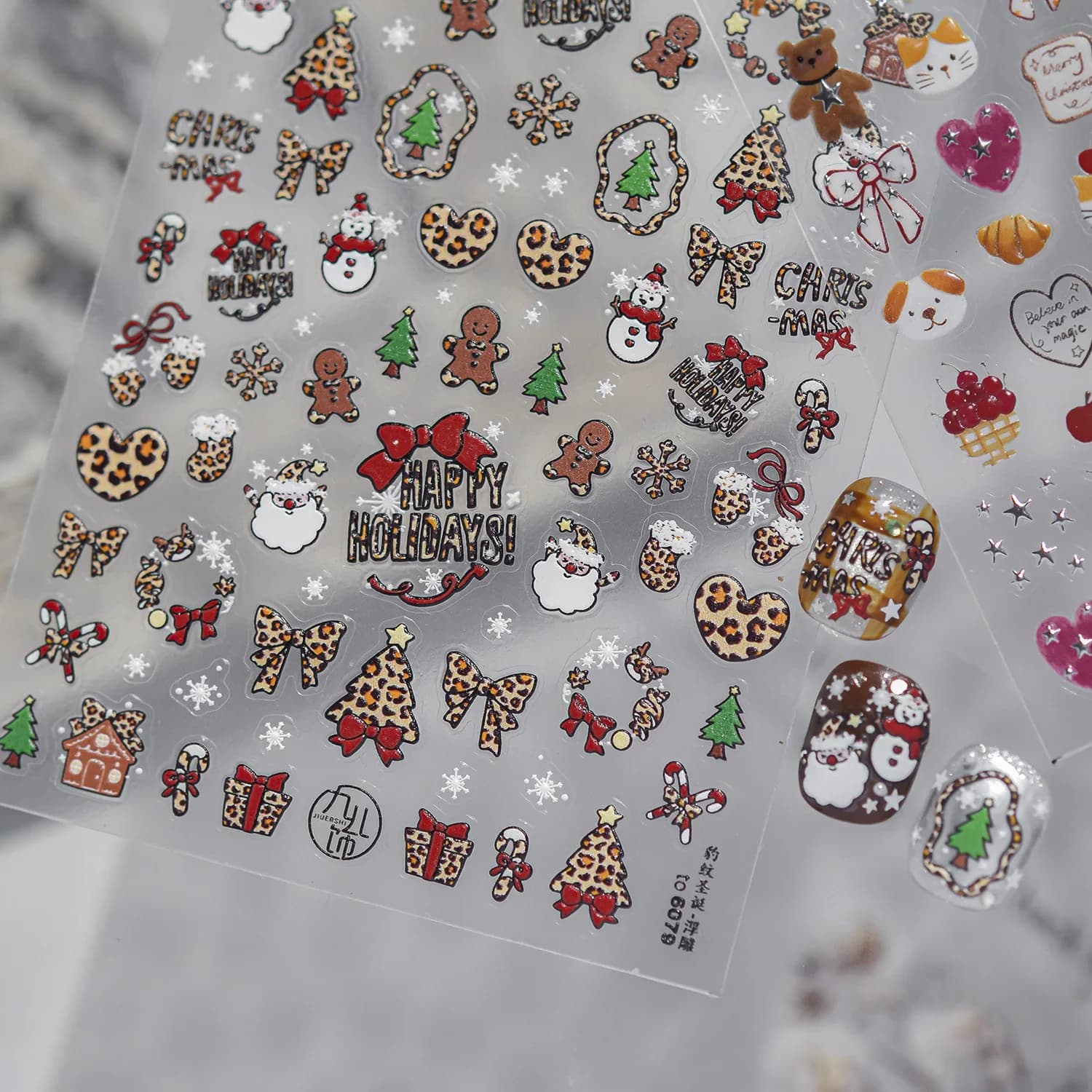 Christmas Tree Leopard Print Bowknot Butterfly Wreath Gingerbread House Snowflakes Adhesive Nail Tip Art Stickers Manicure Decal