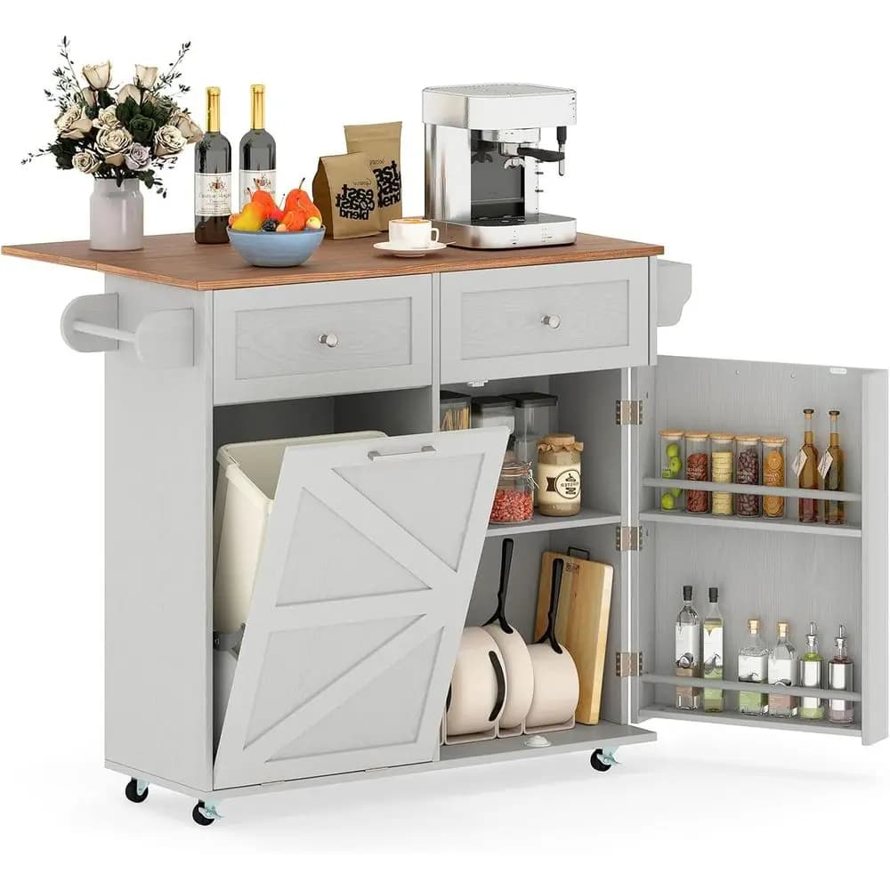 Carrello da Cucina Mobile con Cestino Integrato, Piano Ribaltabile, 2 Cassetti, Portasciugamani, Bancone Colazione su Ruote, Carrello Portaoggetti in Legno