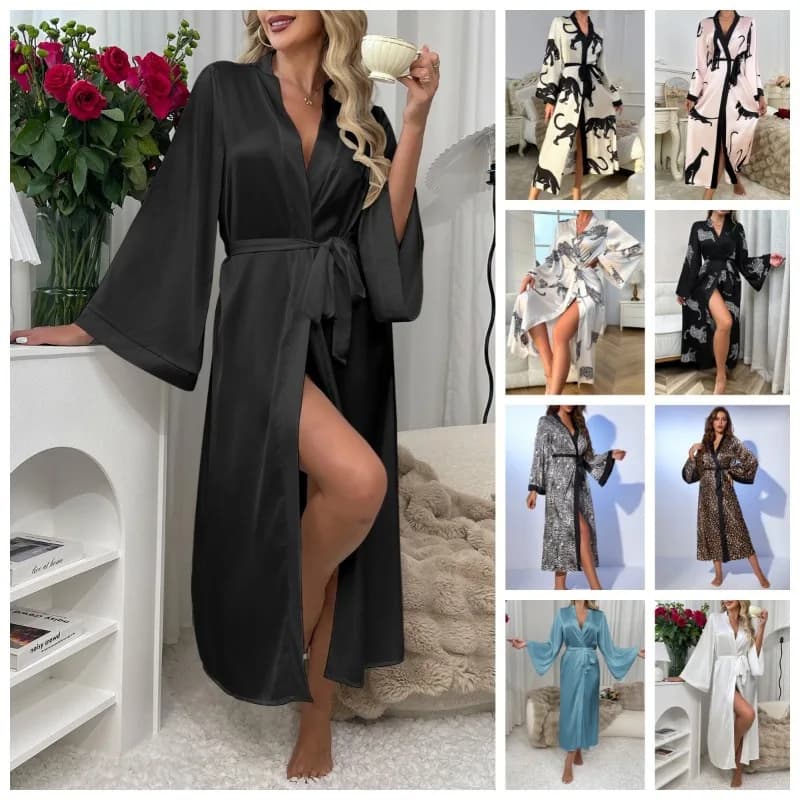 Camicia da Notte Lunga in Raso per Donne Europee e Americane con Cintura Allacciata in Vita, Vestaglia Lunga Versatile, Vendita Diretta dalla Fabbrica, Lunghezza a Terra, Taglia L