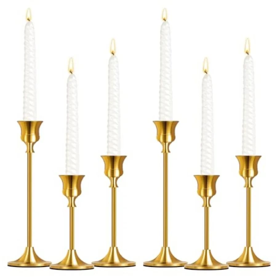 Set di 6 Portacandele Dorati, Supporti Decorativi per Candele a Colonna, Portacandele in Oro