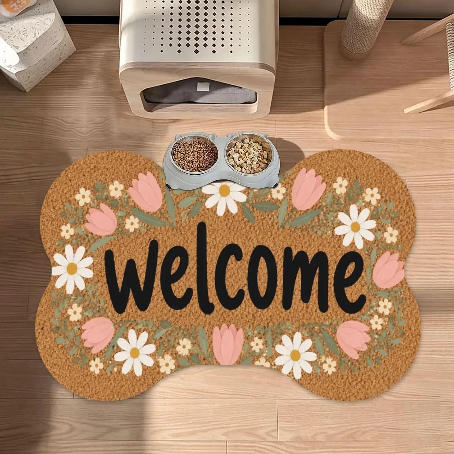 Floral Welcome Doormat Bone Shaped Pet Feeding Mat 16"X24", Absorbent Quick Dry Pu Leather Bowl Mat with Non Slip