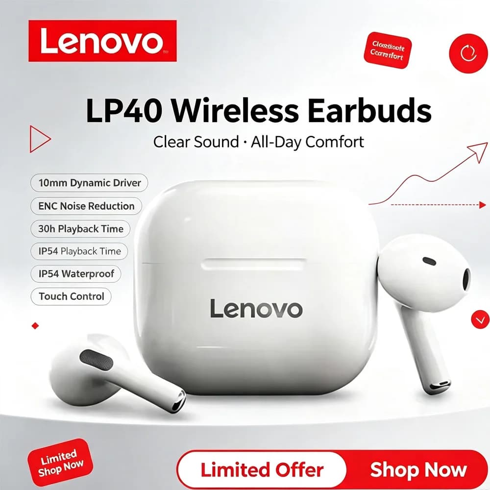 Auricolari Lenovo LP40 TWS Wireless Bluetooth 5.0 Auricolari Bass Touch Control Riduzione del rumore stereo Lunga durata in standby 230 mAh