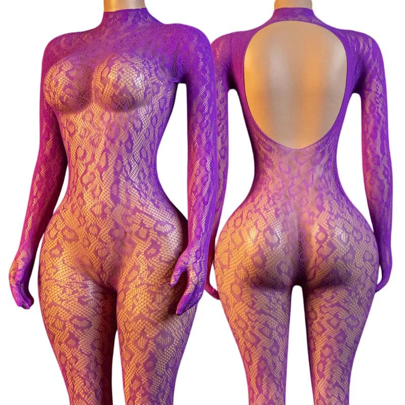 Purple Full Open Breasts Woman Sexy Full Body Stockings Ultra Hot Tights Porn Pantyhose Leopard Plus Size Lingerie Play Pajamas
