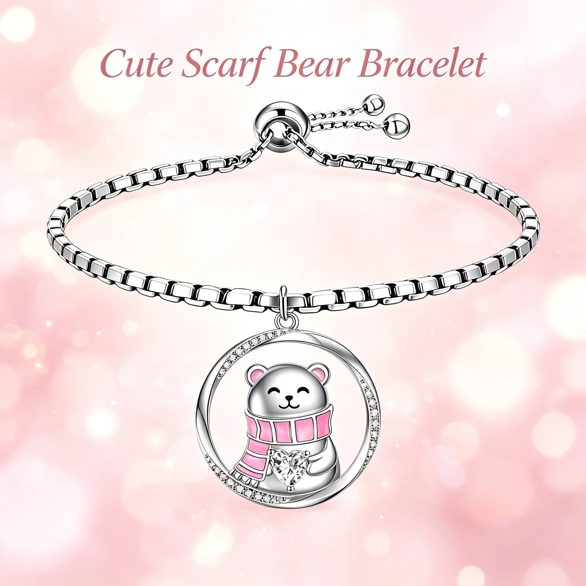 Braccialetto Regolabile in Lega di Zinco Argentata con Orsetto e Sciarpa, Smalto Rosa e Cristallo Finto Trasparente, Gioiello Invernale a Tema Animale, Regalo