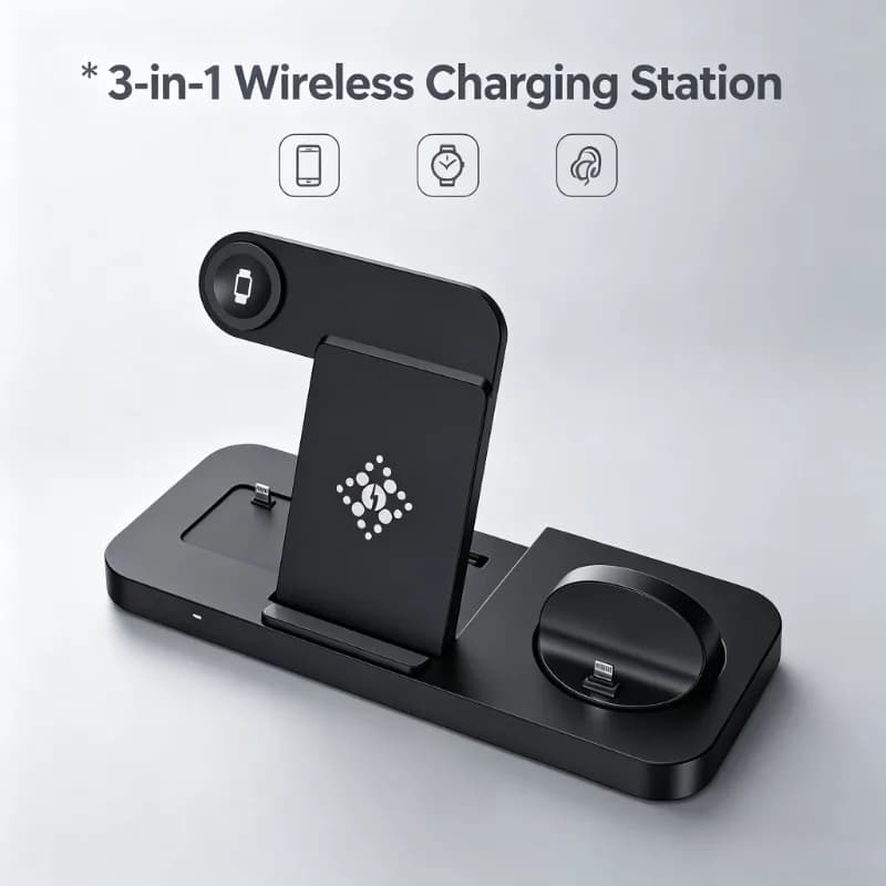 Stazione di Ricarica Wireless 3 in 1 a Ricarica Rapida per iPhone 17 16 15 14 13 Pro Max, Apple Watch, AirPods, Samsung - Uso Quotidiano