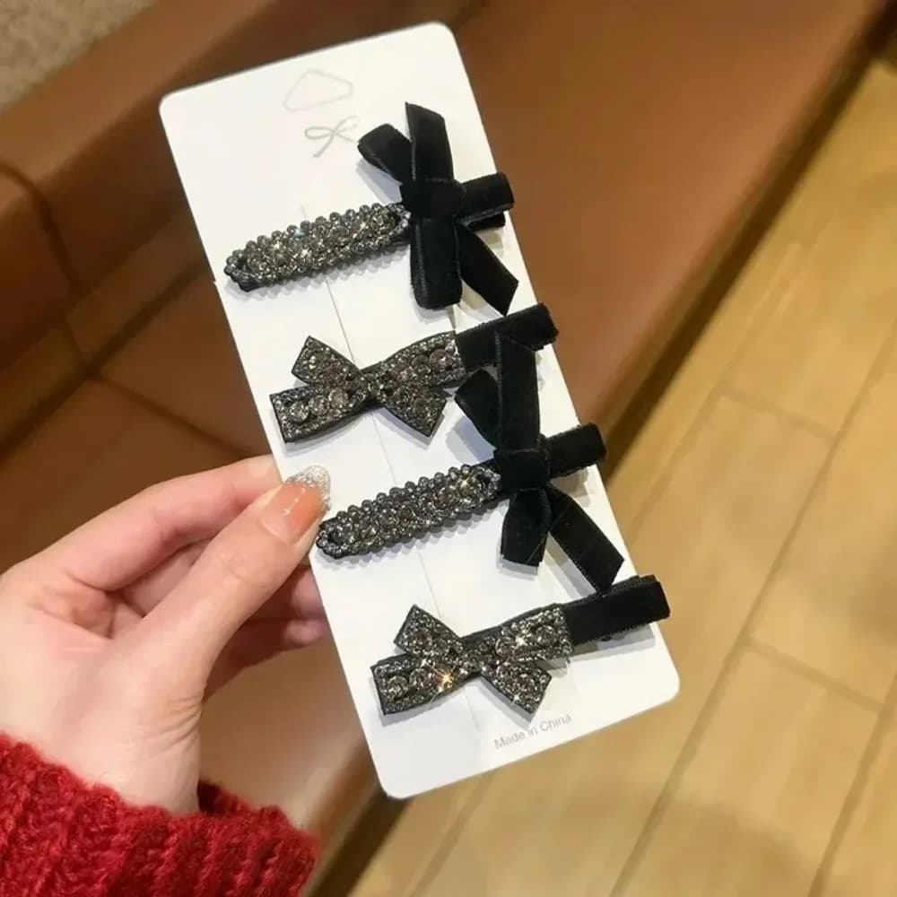Woman Vintage Velvet Bow Black Premium Rhinestone Hairpin Side Bangs Clip Duck Back Head Clip Headgear Girl Hair Accessoires