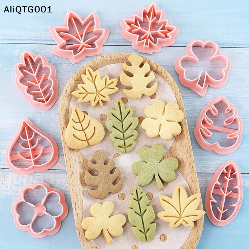 8-Piece Cute Leaves Cookie Cutter Set Plastic Cookie Mould Press Kitchen Baking Tools Leaf Cookie Stamps for Sweet Treats