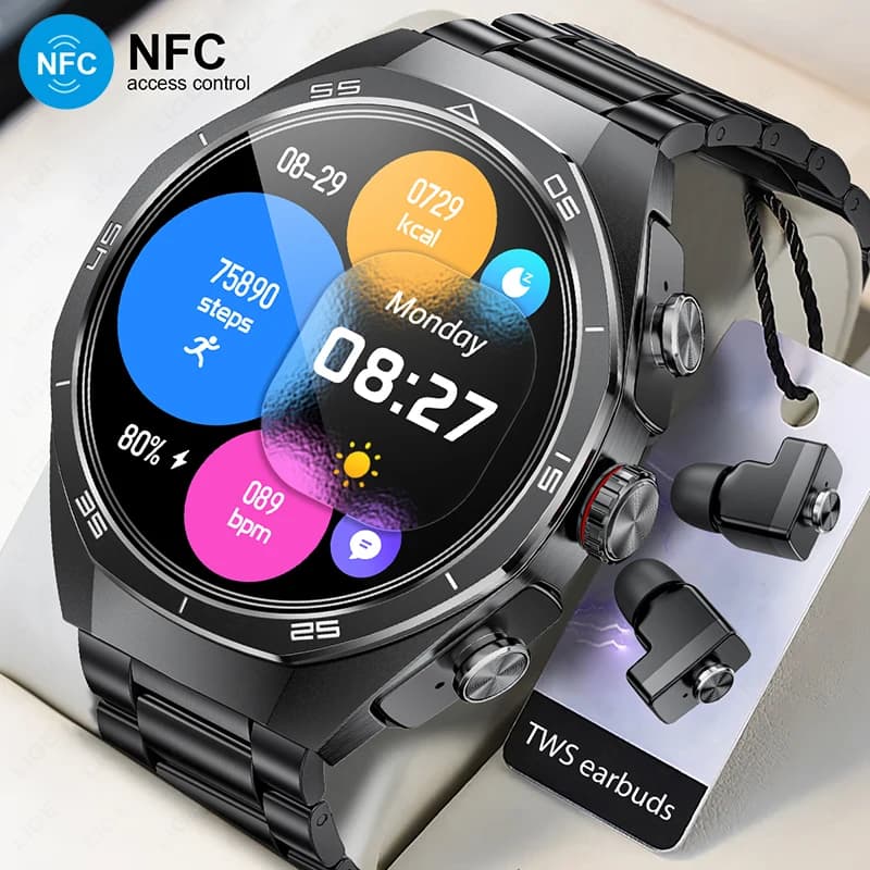 Orologio Smartwatch TWS con Auricolari, NFC, AMOLED, Chiamate Bluetooth, Monitoraggio Frequenza Cardiaca e Ossigeno nel Sangue, Cuffie Smartwatch per Android