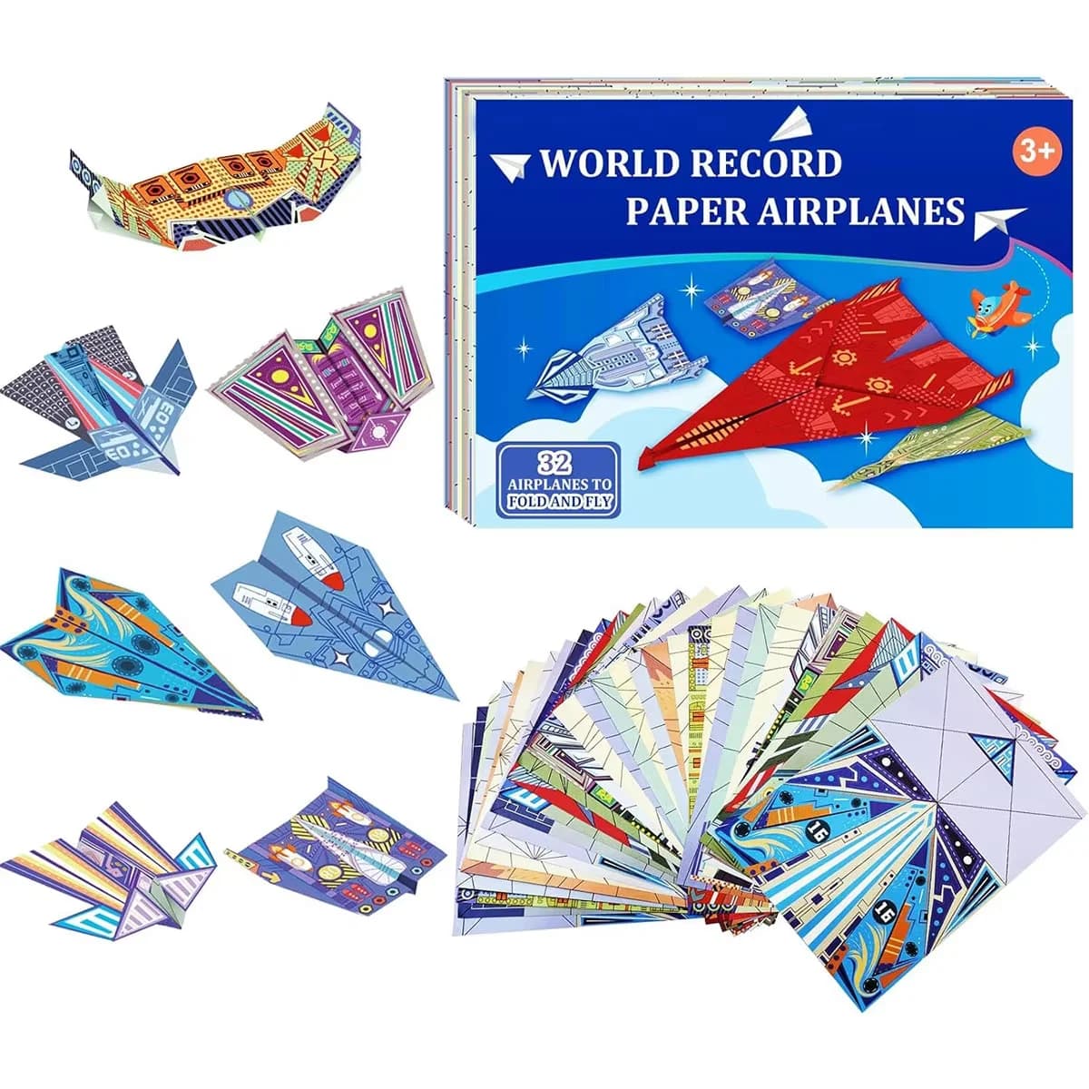 Origami Paper Airplane Kit 12/32 Sheets 16 Classic World Record Plane Designs Easy to Fold Creative Craft Activity for School F