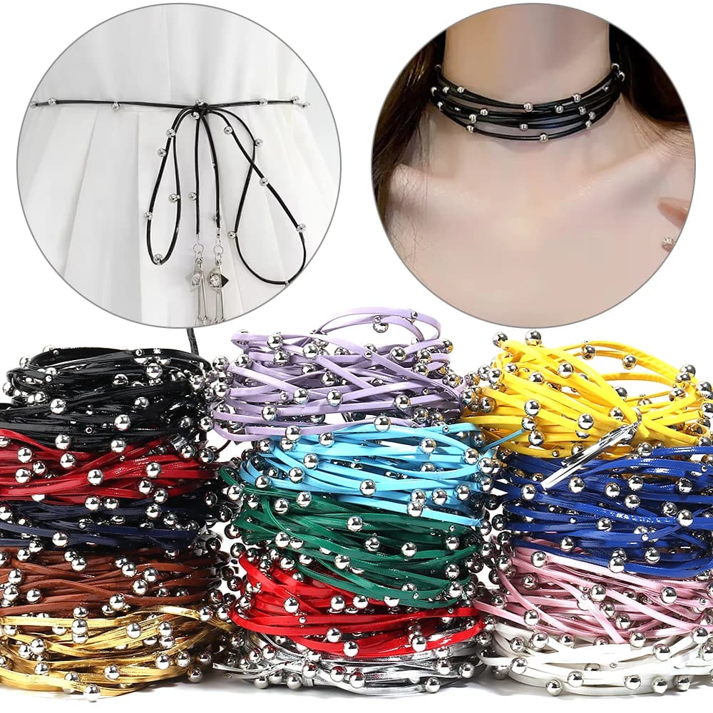 5yards/lot Fashion PU Leather Necklace Strip With Metal Ball Beads Studded Leather Cord DIY Choker Necklace Garment Decoration